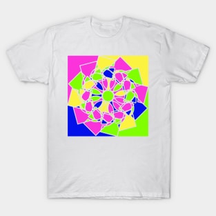 Square ornament with random geometric repeated shapes in bright neon colors T-Shirt